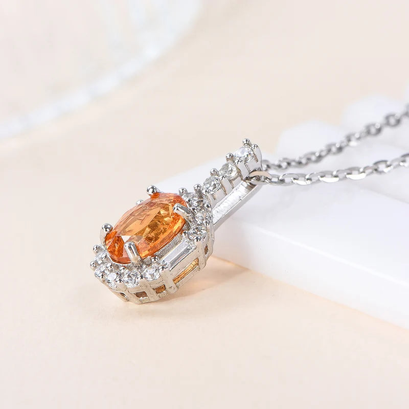 Gioiellieri Fine Jewelry Rhodium Plated 925 Silver Luxury Oval Cut Claw Setting Pendant Necklace for Women Natural Orange Garnet