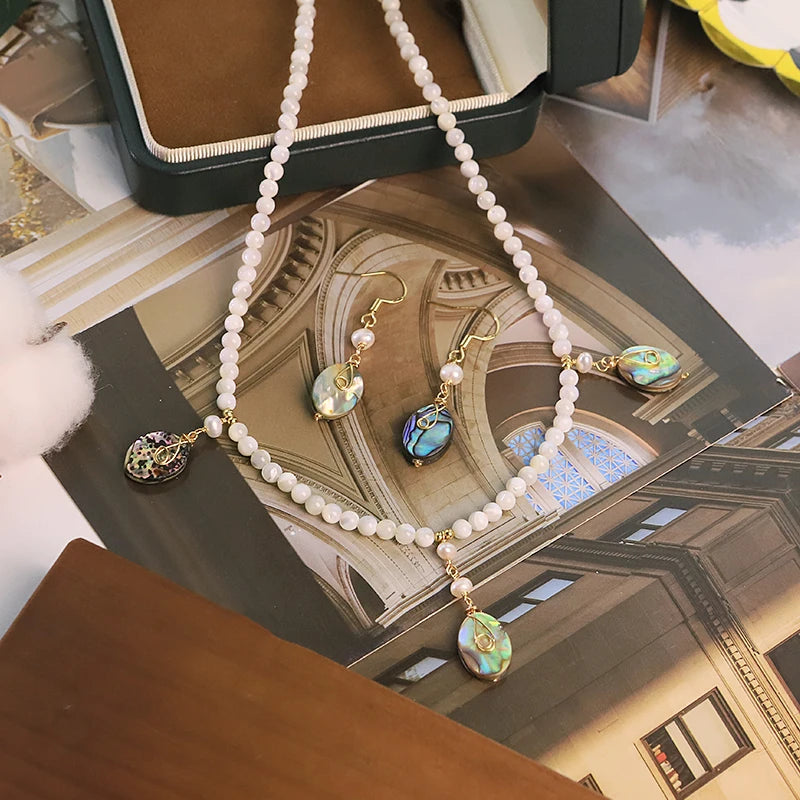 GLSEEVO Natural Freshwater Pearl & Abalone Shell Necklace & Earrings Set — Vintage Coastal Jewellery