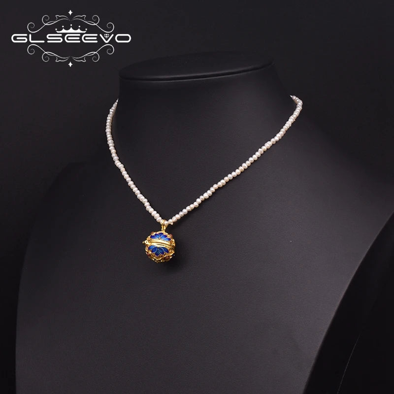 Natural Freshwater Pearl Pendant Necklace Cloisonne Style Suitable for Girlfriend Ladies Vintage Jewelry
