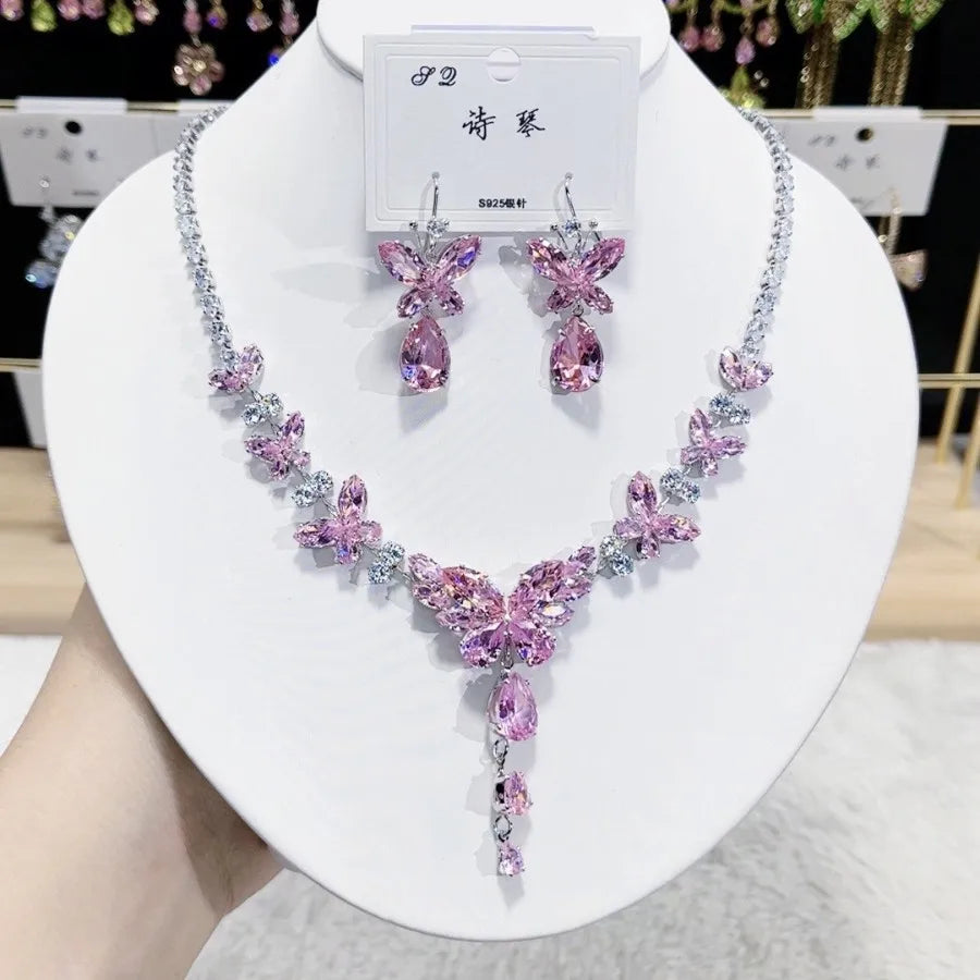 K089 Hot Selling Women Trendy Luxurious Zircon Butterfly Bridal Necklace Earrings Set Wedding Elegant Jewelry Set