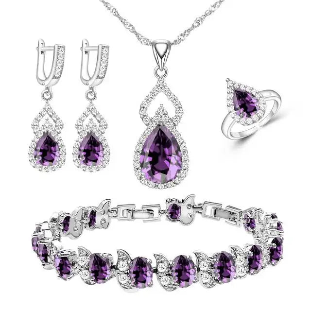 XOTICA Women's Classic Platinum Plated Silver 925 Custom Jewelry Sets Red Zircon Earrings Necklace Ring Bracelets for Engagement