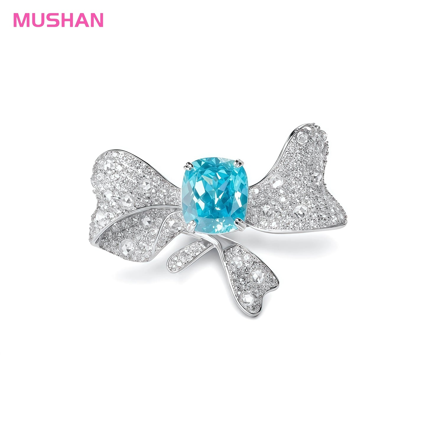 MUSHAN 925 Silver Platinum Plated Luxury High Carbon Diamond Lab Grown Blue Paraiba Bowknot Wedding Bands Rings for Women