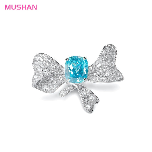 MUSHAN 925 Silver Platinum Plated Luxury High Carbon Diamond Lab Grown Blue Paraiba Bowknot Wedding Bands Rings for Women