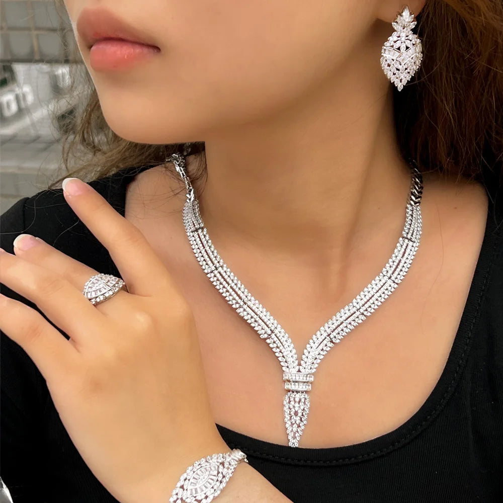 4pcs Elegant Luxury Shiny Cubic Zirconia Women Wedding Costume Necklace Earring Ring Festival Brides Jewelry Sets Accessories