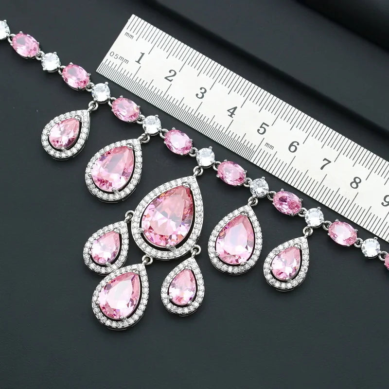 Luxury Water Drop Pink Zircon Necklace for Women Figaro Chain Silver Jewelry for Bridal Wedding Party Wholesale Gift Option