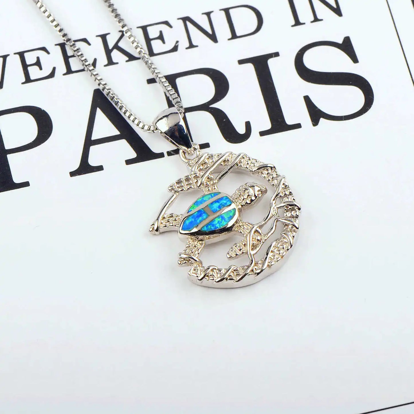 Boho Blue Opal Turtle Necklace | Trendy Women's Copper Alloy Silver Plated Link Chain Statement Pendant for Sweater Daily Gift