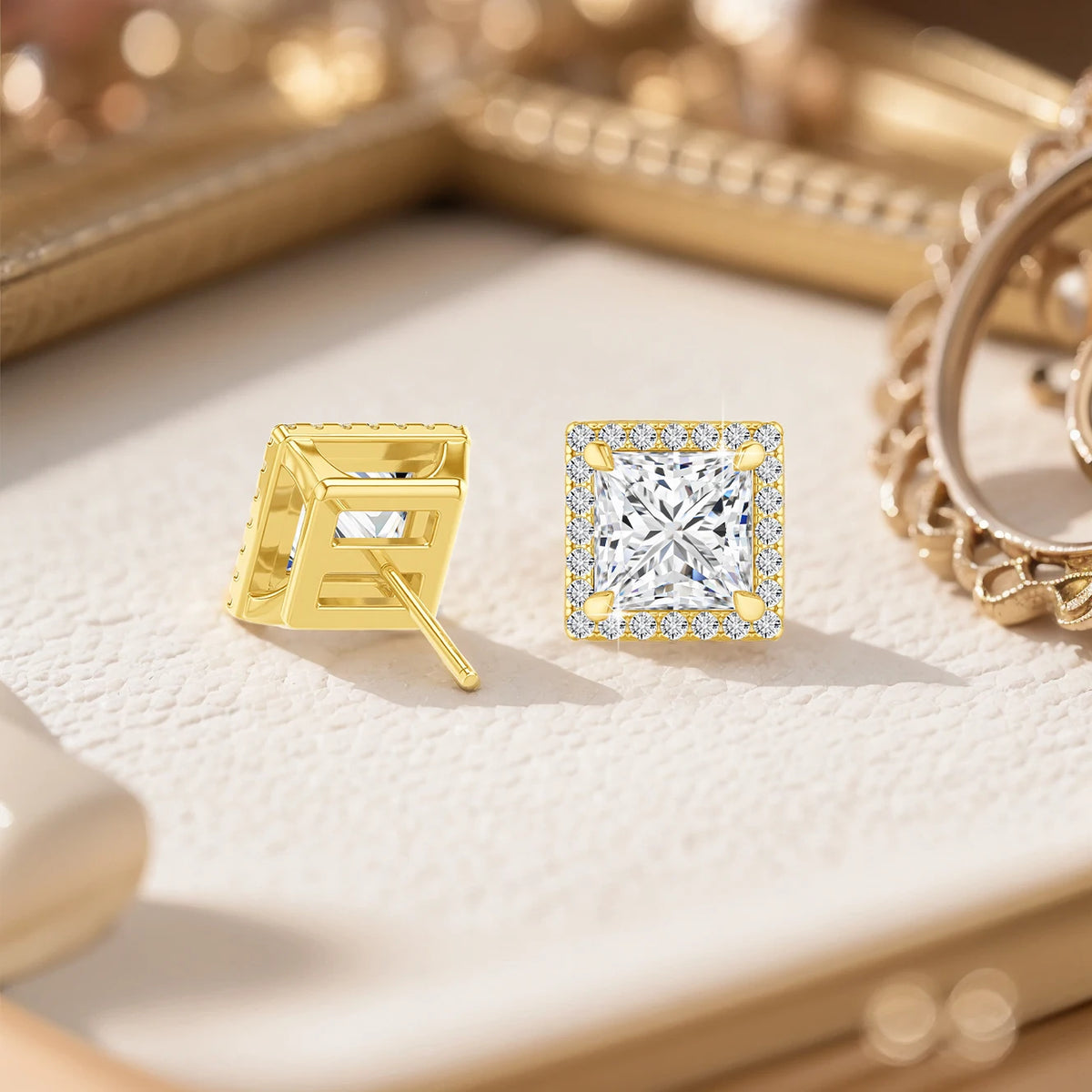 Gioiellieri Luxury Fine Jewellery Engagement Party Gift 1 Carat Princess Square Cut Moissanite Woman 14K Gold Stud Earrings