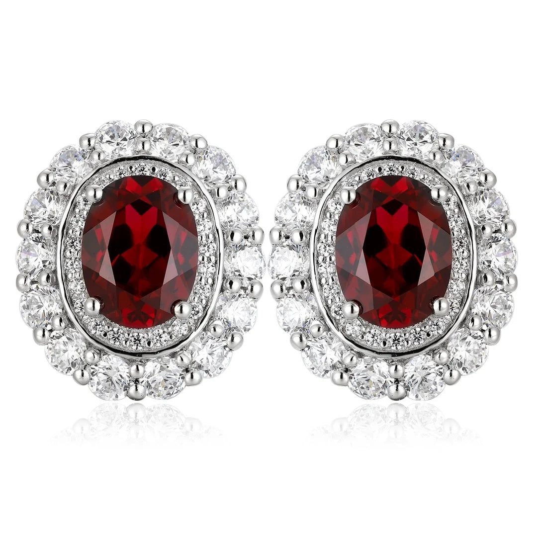 Gemfiori Classic 925 Sterling Silver Rhodium Plated Lab Grown Ruby Earrings Gemstone Jewelry Halo Stud Earring for Women