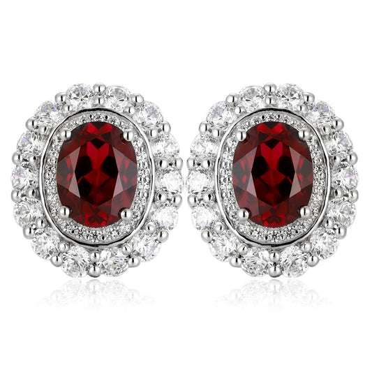 Gemfiori Classic 925 Sterling Silver Rhodium Plated Lab Grown Ruby Earrings Gemstone Jewelry Halo Stud Earring for Women