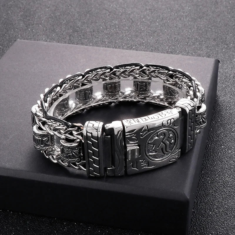 VIKING Mens Retro Stainless Steel & Cowhide Link Bracelet – Ancient Ethnic Symbols