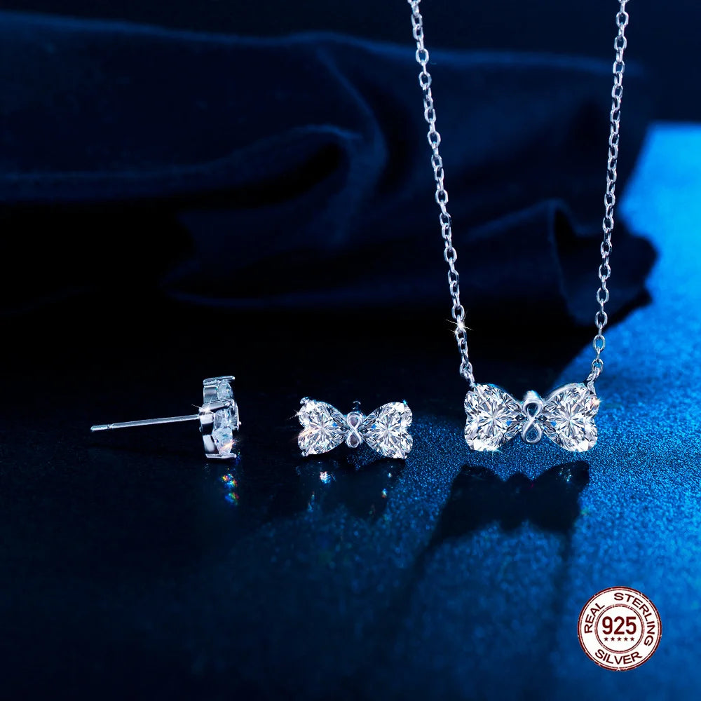 Fine Jewelry 925 Sterling Silver Shiny White Heart CZ Cubic Zirconia Bowknot Shape Jewelry Set for Women Girls Daily Wear Gifts