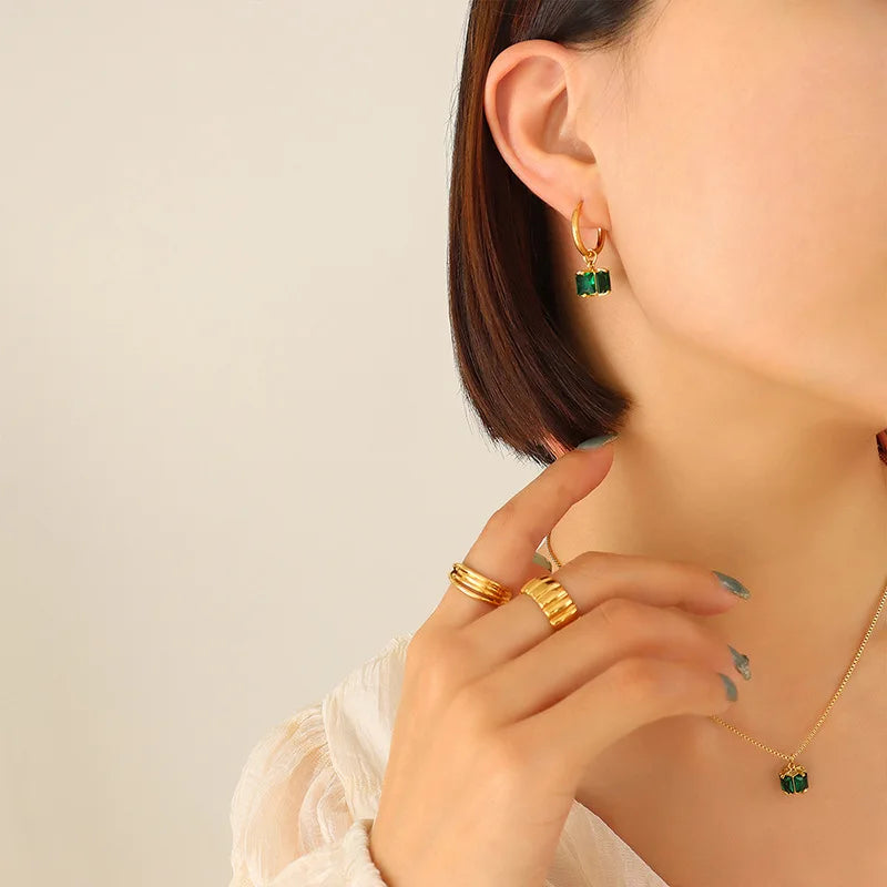 Four-Claw Emerald Zircon Necklace & Drop Earrings | Tarnish-Free Stainless Steel Editorial Fashion Jewellery