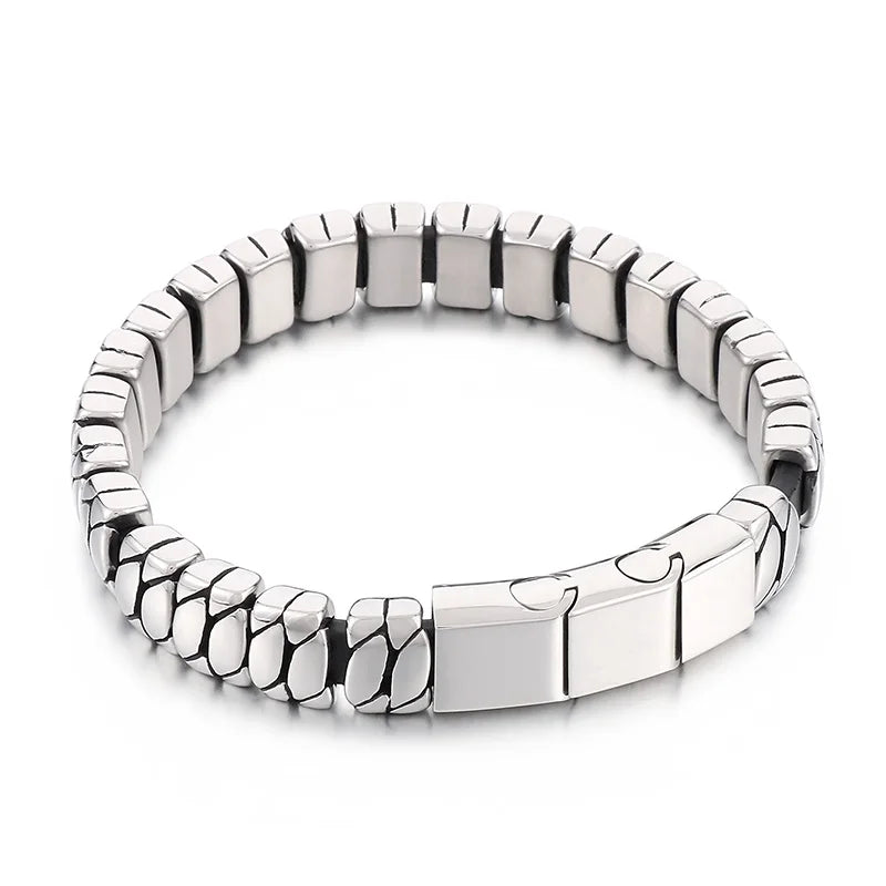REBEL 225mm Fashion Leather&Stainless Steel Snake Scale Links Bracelet Bangle