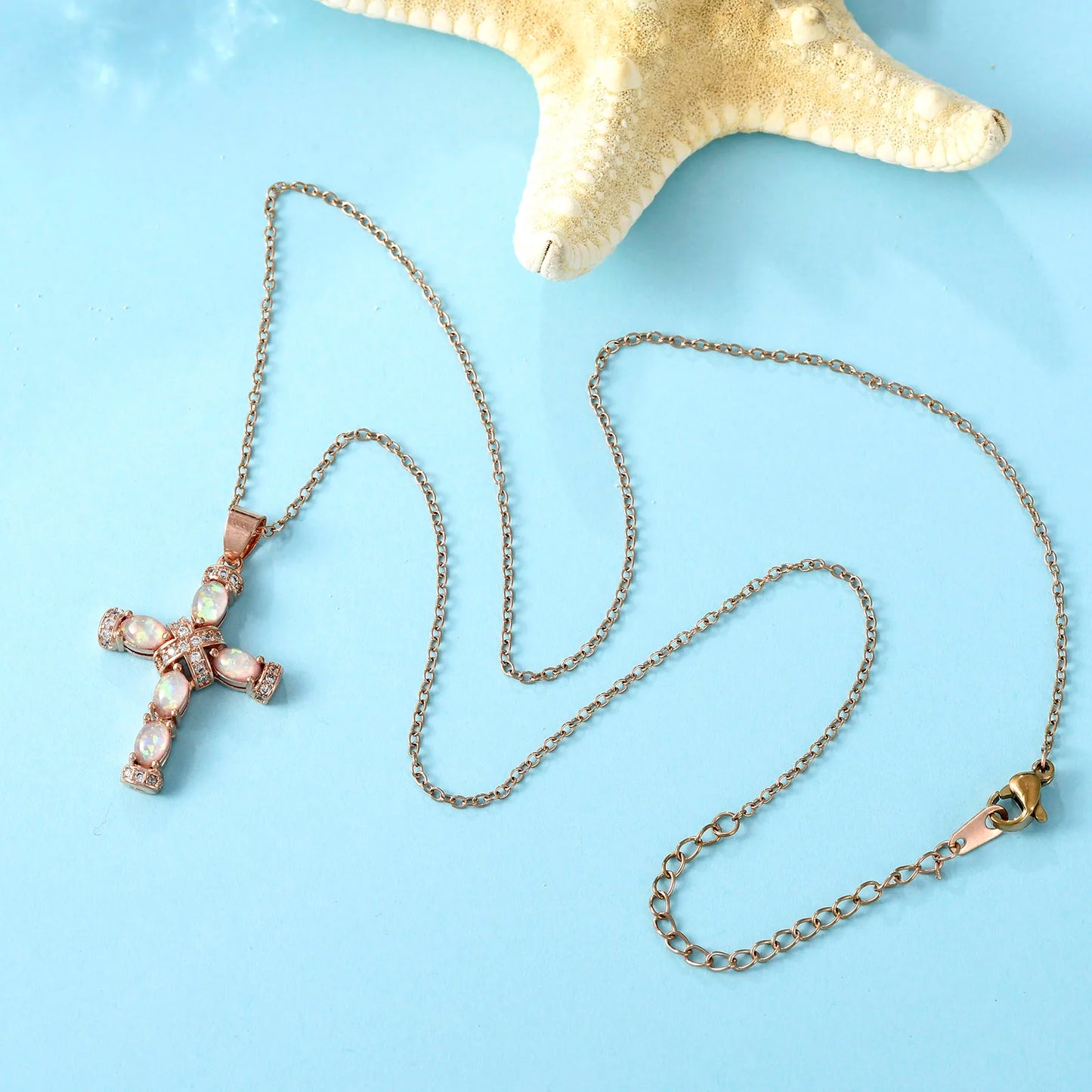 TikTok & Instagram Fashionable Sporty Brass Alloy Cross-shaped Opal Pendant Necklace for Parties