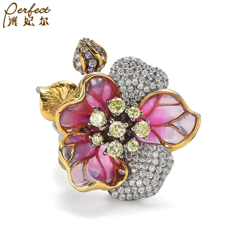 Gold Jewelry Engagement Wedding Ladies Rings Latest Design Flower Enamel Rings