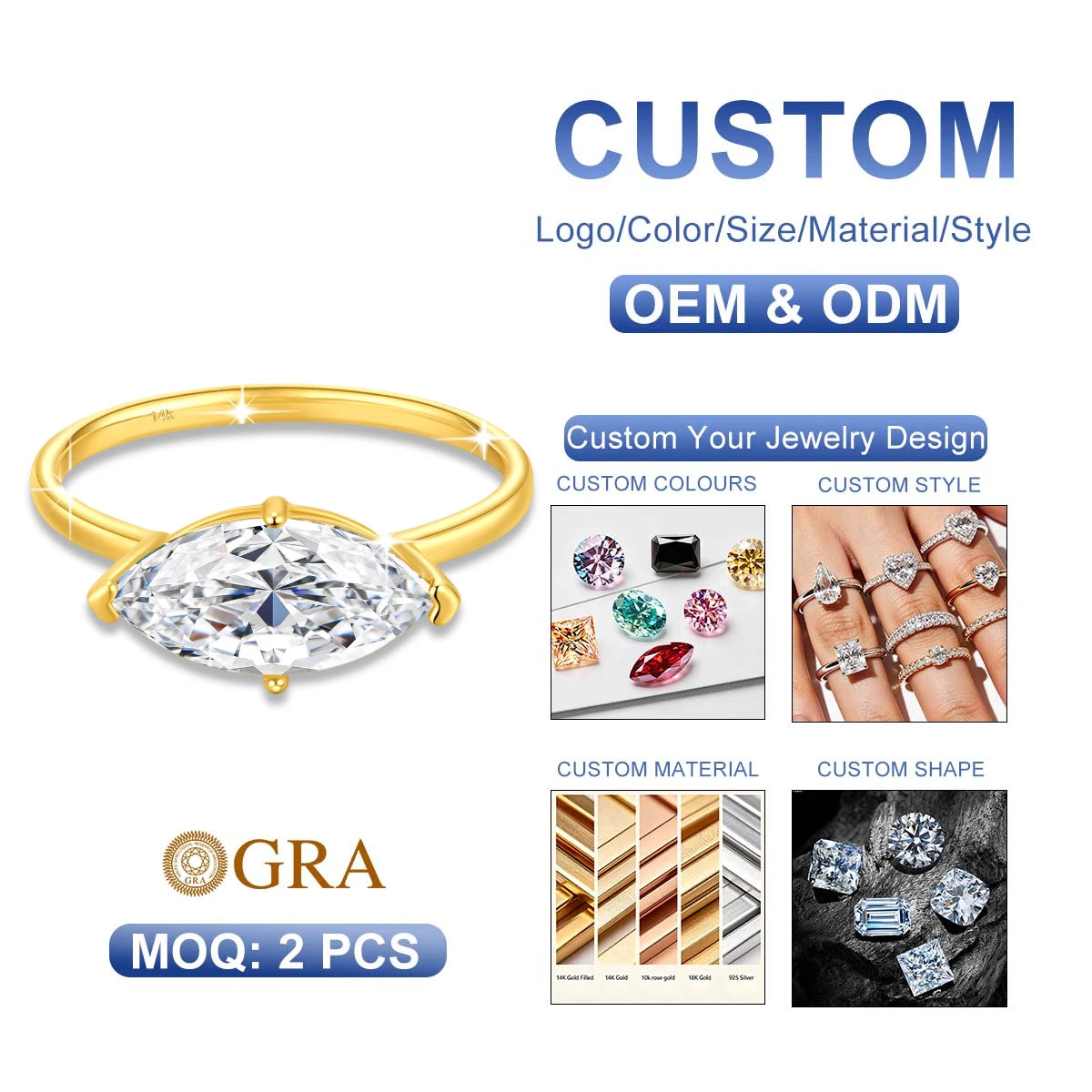 Gioiellieri Luxury Engagement Jewelry 6x12mm 2ct Marquise Cut Moissanite Hollow 14k Ring Women's Gold