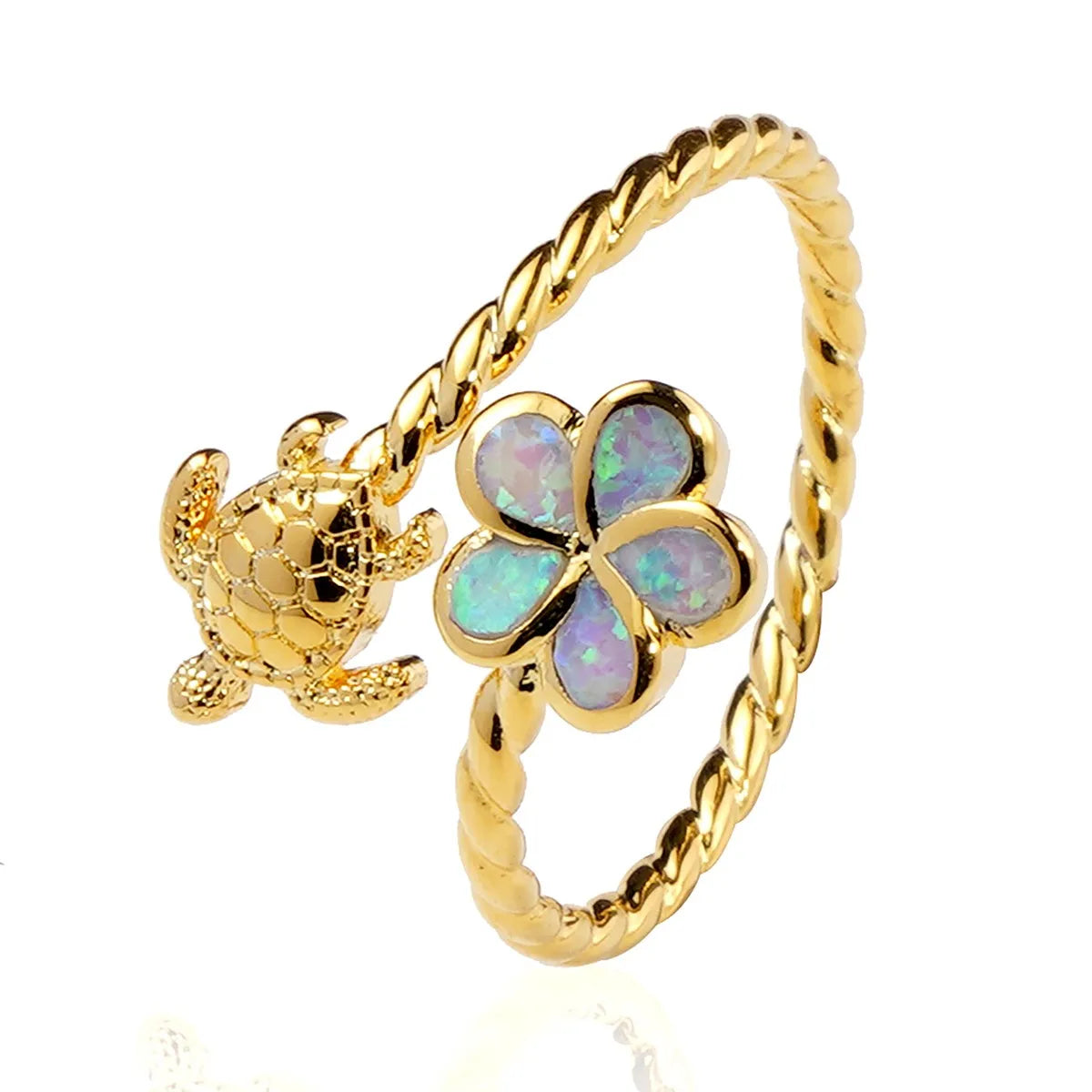 Gold Turtle & Opal Clover Ring | Twisted Band Animal Jewelry