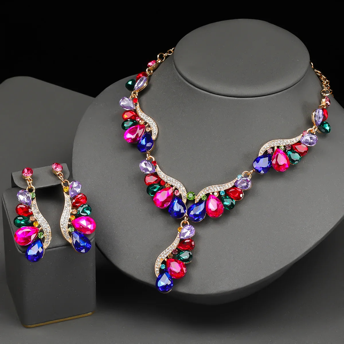 Multi-Colour Crystal Gemstone Drop Jewellery Set