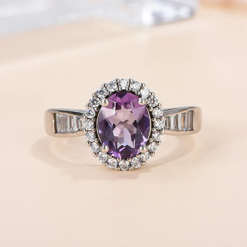 Gioiellieri Natural Amethyst Rhodium Plated 925 Sterling Silver Luxury Oval Cut Prong Setting Third Party Certified Engagement Ring for
