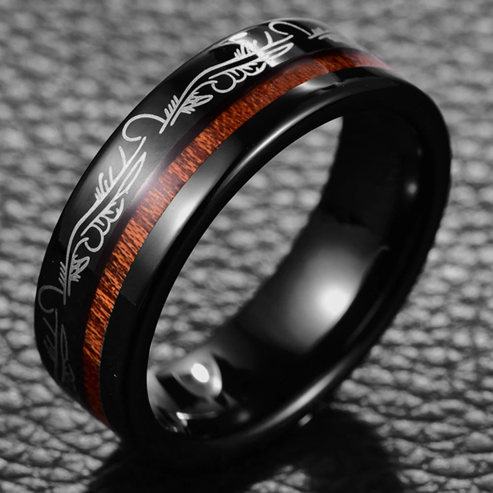 REBEL 1pcs 8mm Inlaid Wood Black Plated Men's Tungsten Steel Ring Jewelry