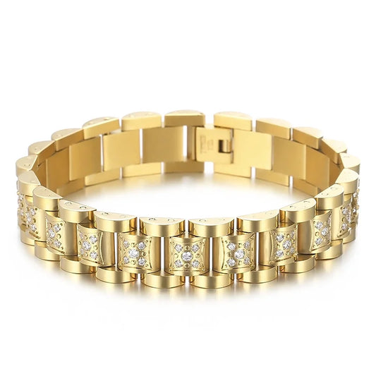 KALEN Men Vintage 210mm Gold/Silver Plated Stainless Steel Rhinestones Watchband Link Bracelets