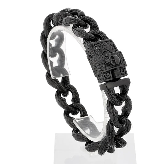 KALEN 220mm Men Punk Black Stainless Steel Skull Charms Cuban Links Bracelet