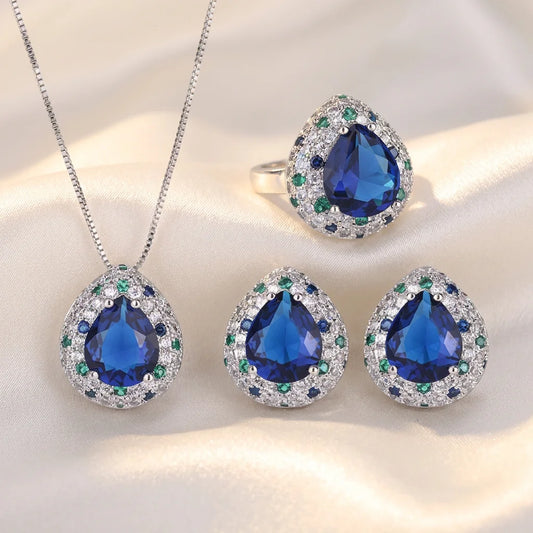 Fashion Eco-friendly Copper Pear Cut 10*12MM Water Drop Blue Pendant Earrings Ring Set Water Drop Jewelry Set for Women