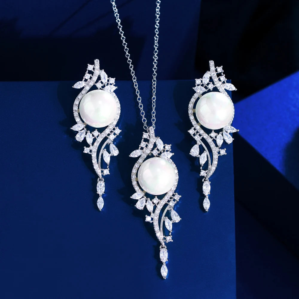 Sparkling Top Cubic Zircon Pave Imitation Pearl Long Pedant Necklace and Earrings Green Blue White Jewelry Set for Women