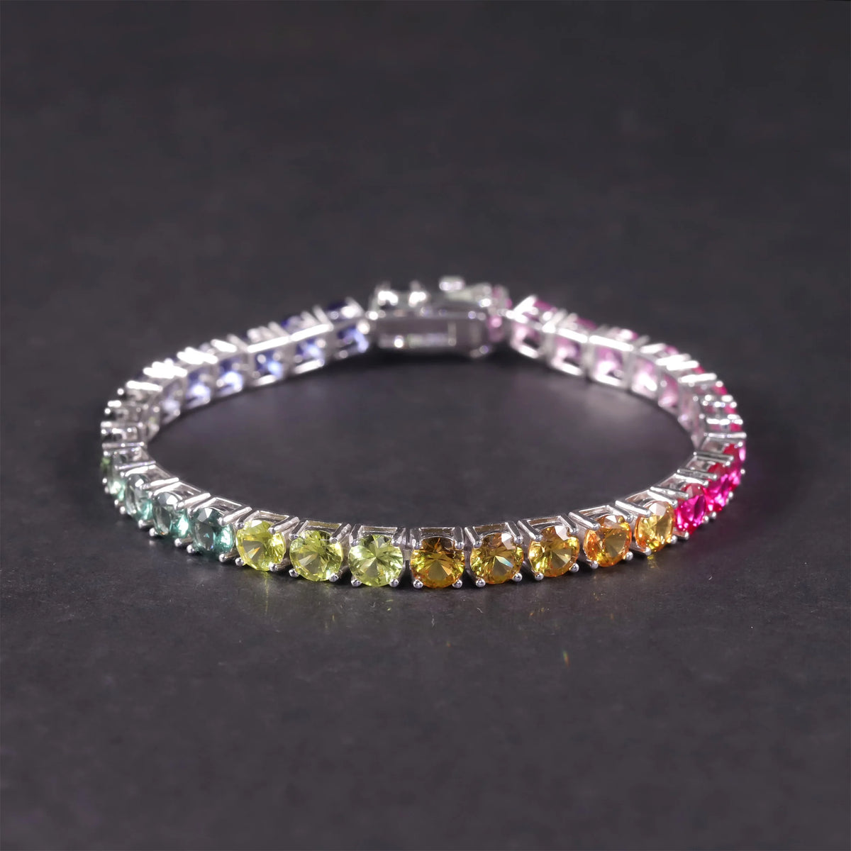 Gemfiori Abiding Charming Shiny Rainbow Tennis Bracelet 925 Silver Colored Lab Grown Sapphire Tennis Chain Bracelets for Girls