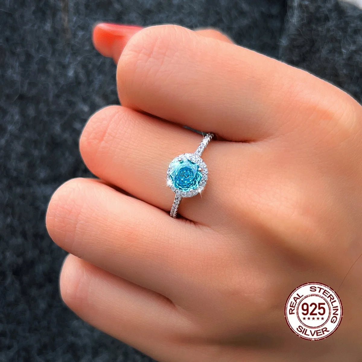 S&S 925 Sterling Silver Light Blue Rose-Cut CZ Engagement Ring – Rhodium Plated – Collection