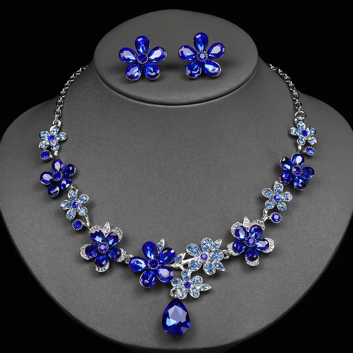 Crystal Flower Drop Necklace & Earrings Jewellery Set | Bridal & Party Occasion Fashion Set