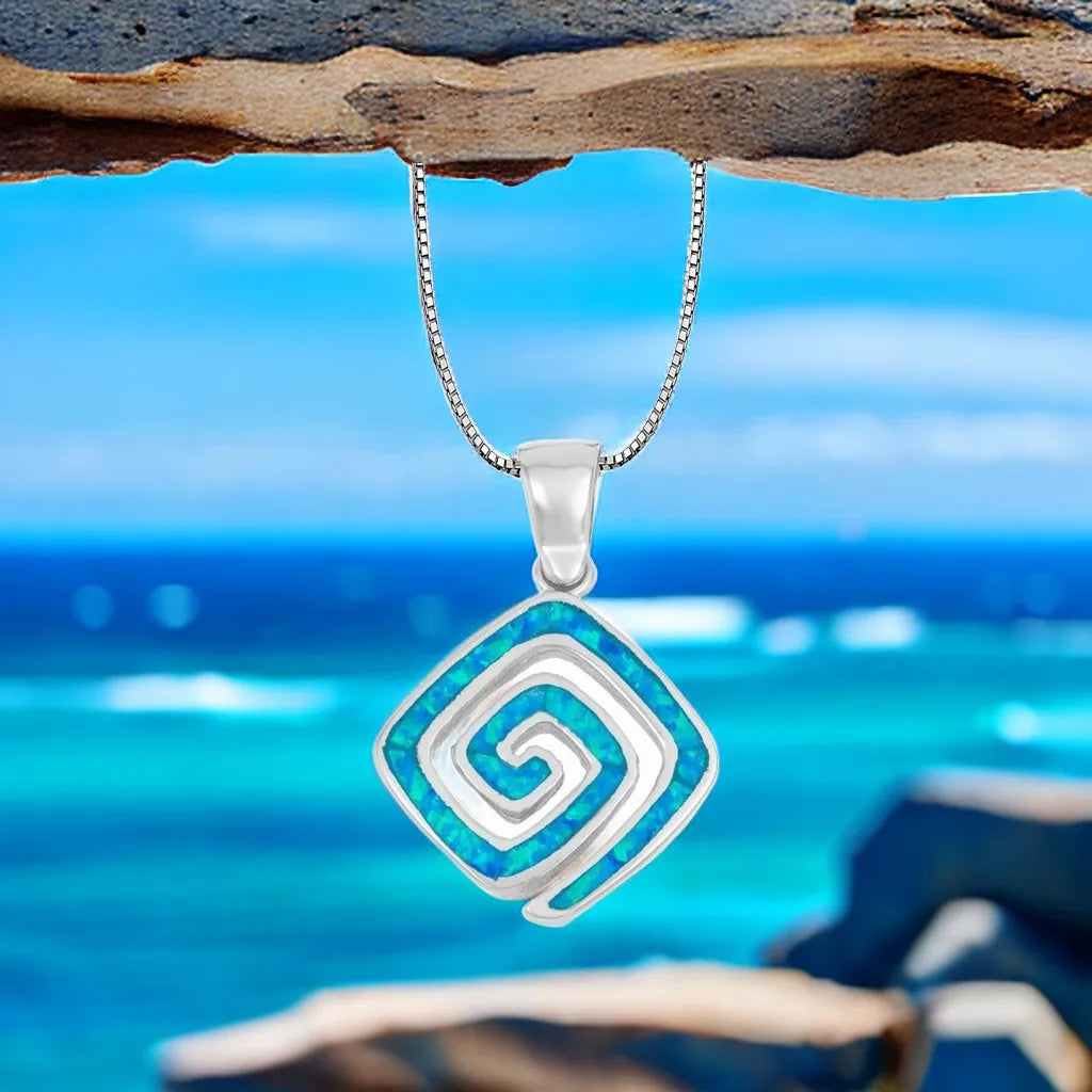 Square Spiral Pendant - Blue Opal Inlaid Silver Plated Artistic Jewelry for Women Wholesale