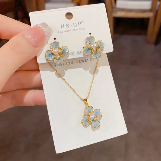 Top Quality Fashion Exquisite Blue Flower Necklace and Earrings Set with Pearl Classic Real Gold Plated Jewelry Set for Women