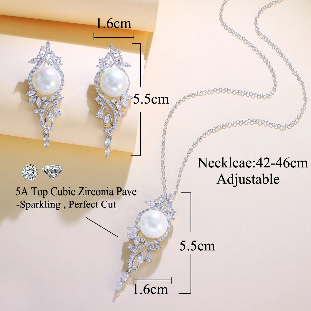Sparkling Top Cubic Zircon Pave Imitation Pearl Long Pedant Necklace and Earrings Green Blue White Jewelry Set for Women