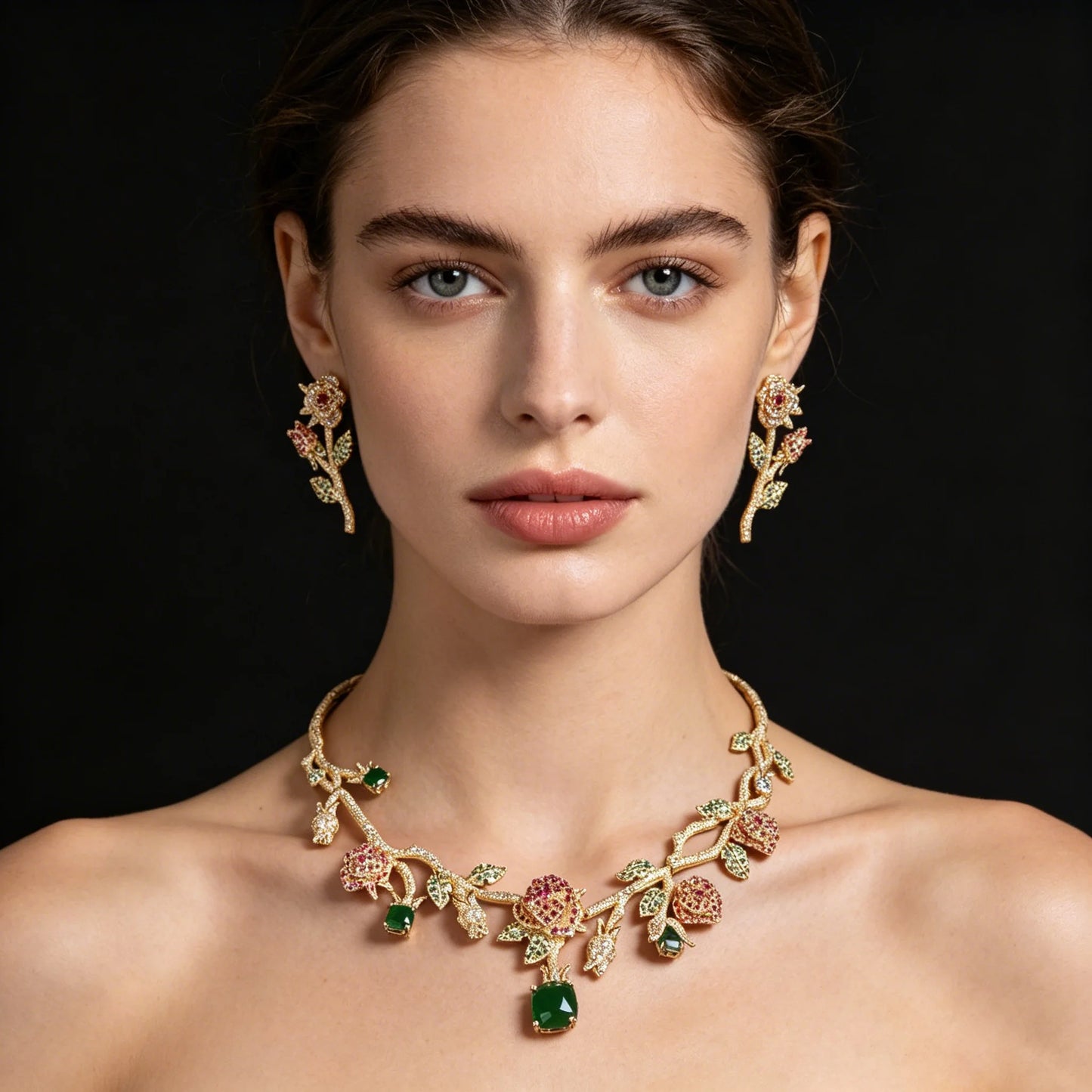 XM S226 Platinum Plated Princess Cut Zircon Rose Flower Statement Necklace & Drop Earrings Bridal Set
