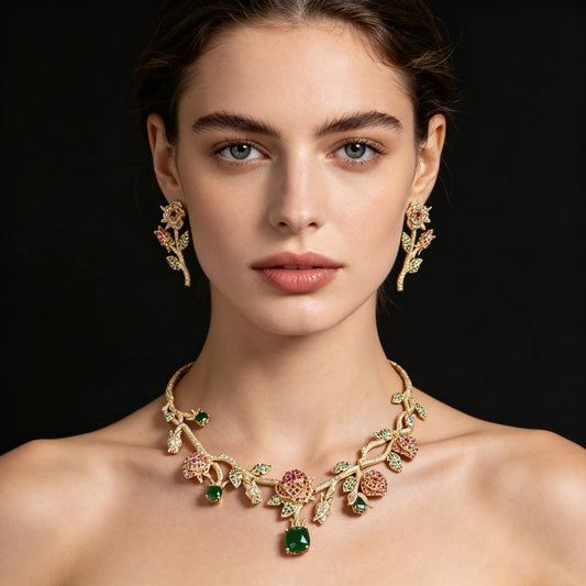 XM S226 Platinum Plated Princess Cut Zircon Rose Flower Statement Necklace & Drop Earrings Bridal Set