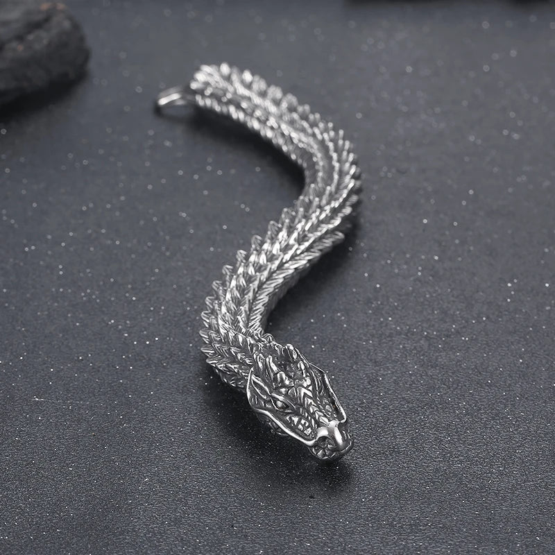 REBEL 220mm Men Punk Stainless Steel Links Bracelet With Vivid Dragon Head Clasp