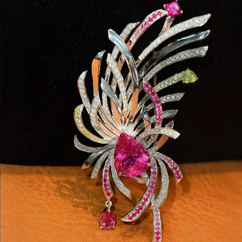 DIY Multi-Wear Luxury 18K Natural Tourmaline Brilliant Cut Diamond Brooch Colored Gemstone Inlay Wedding/Party Women's Gifts