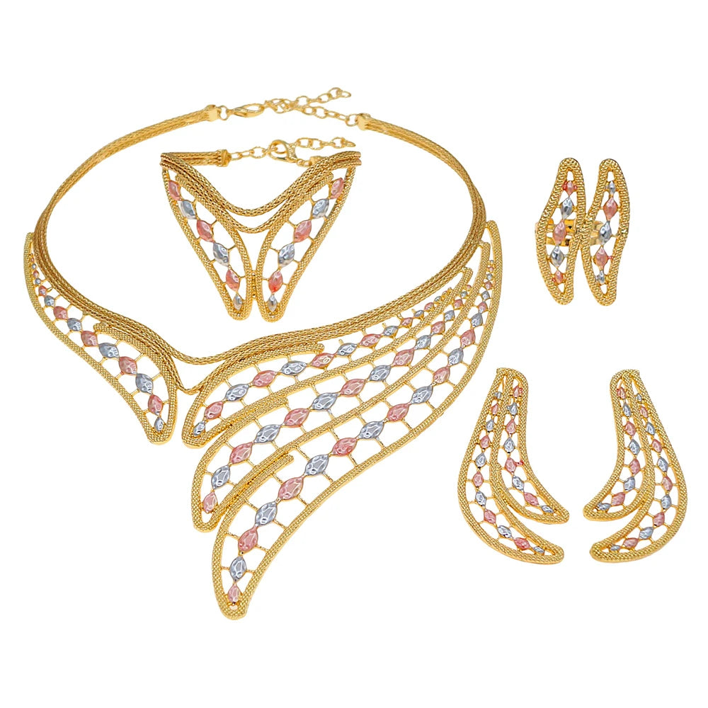 Zhuerrui Luxury V-neck Choker Wedding Jewelry Set for Bride Brazilian Gold Plated Bridesmaid Accessories with Crystal  X0008330