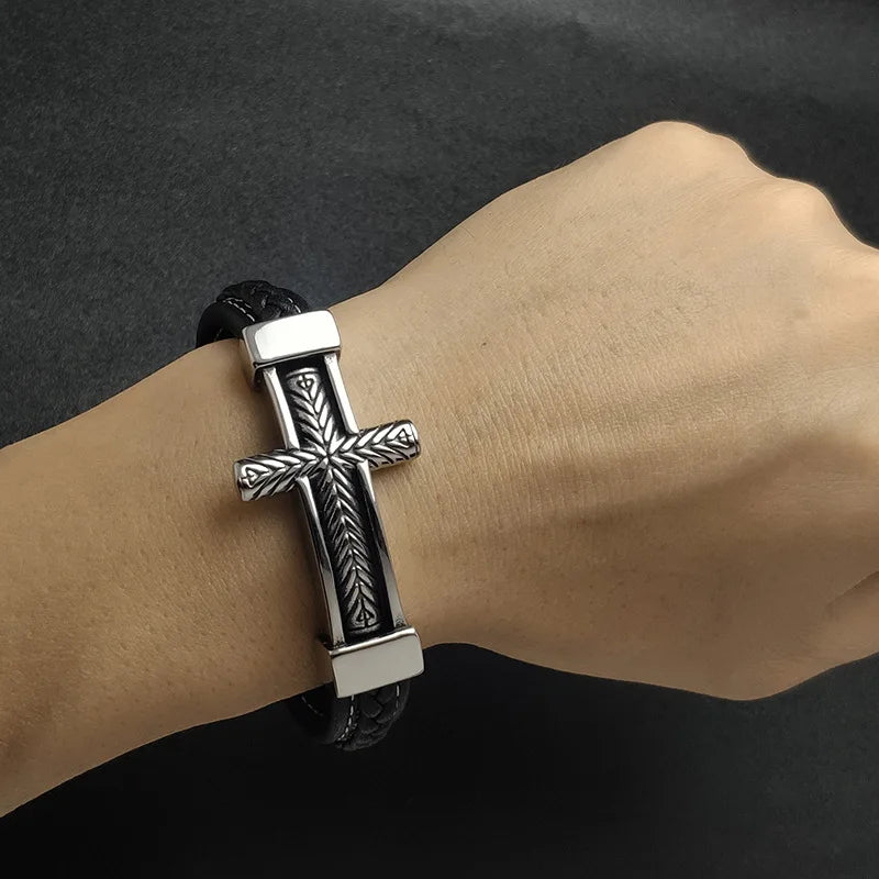 REBEL FASHIONISTA Hot Sale Male Magnetic Pattern Cross Style Stainless Steel Accessories Double-Layer Leather Bracelet Wearing Accessories