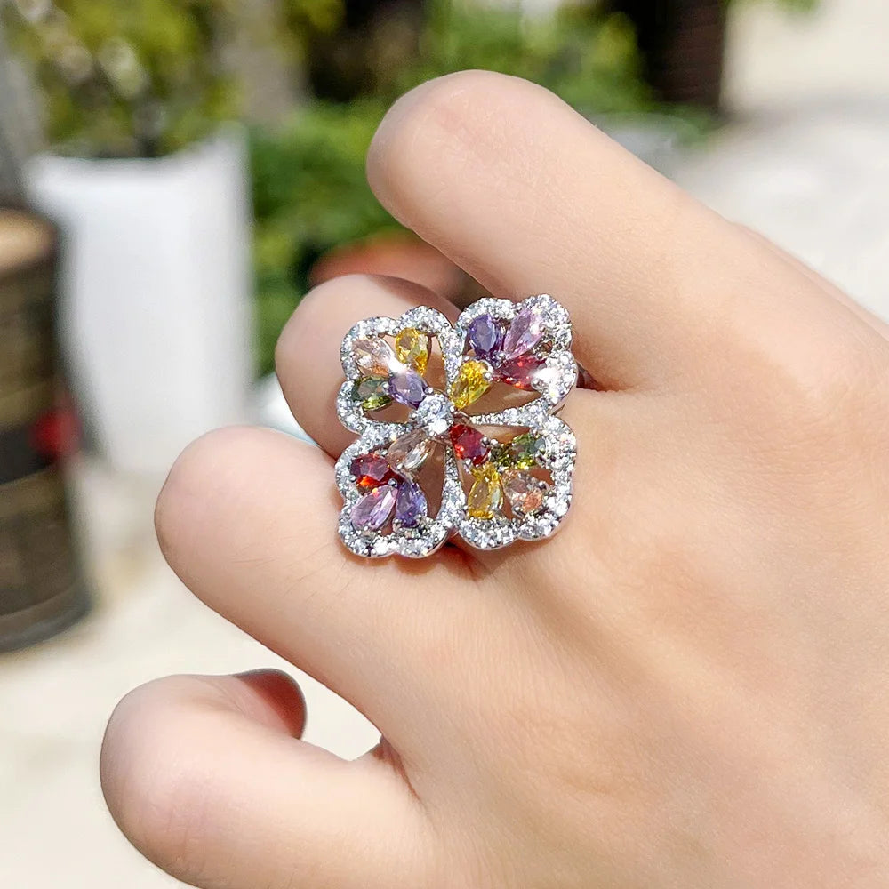 S&S CZ Pavé Chunky Flower Statement Ring – Colourful, Blue & Green – Collection