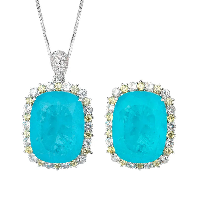 Gemfiori Light Luxury Niche Design with Inlaid Blue Zircon Wedding Set Pendant Earring Bridal Jewelry Accessories