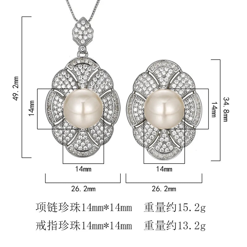 REDheart Women's Trendy Flower Design Atmospheric Petals Inlaid Zircon Movable Opening Ring Copper 18K Gold Plated White Pearl Set