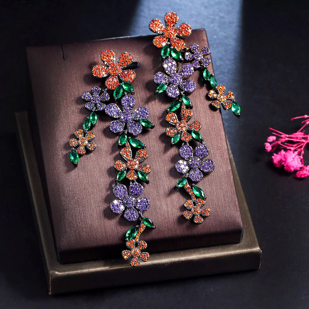 Glittering Multicolor Red Green Cubic Zircon Jewelry Flowers Long Dangling Drop Bridal Earrings for Women Wedding Party