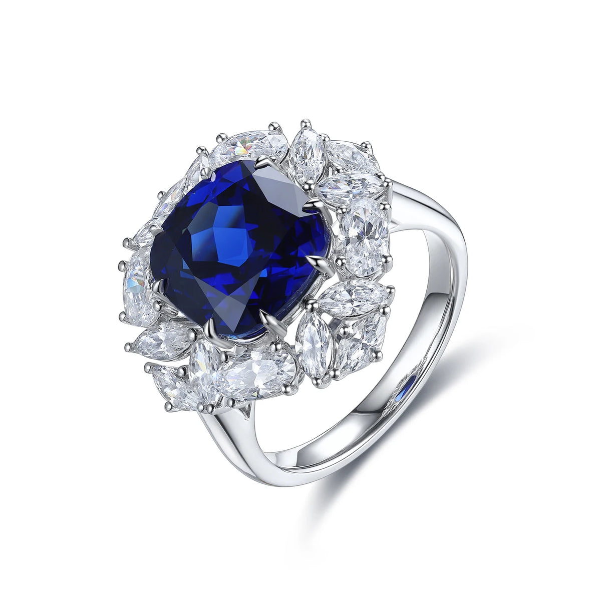 Gemfiori High Quality 925 Silver Semi-Eternal Women's Ring Sapphire Blue with Cushion Cut Diamond Rhodium Plated for Weddings and Parties