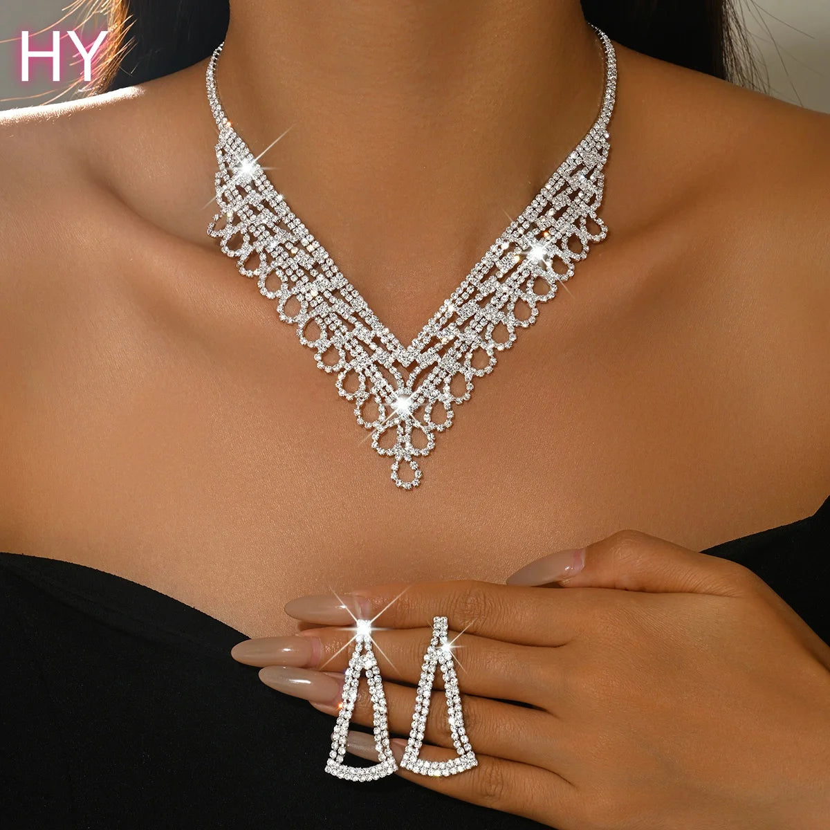 HY  Shiny Tassel Earrings V-shape Necklaces Women Wedding Party Set Wholesale Fashion Lead-Free Brass Silver/Gold