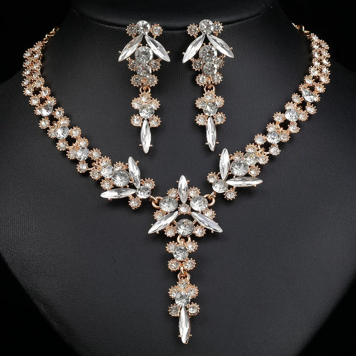 XM S340 Champagne Crystal Zircon Floral Necklace & Earrings Set