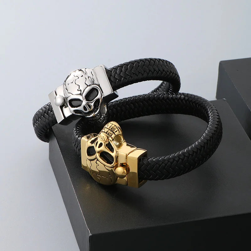 KALEN Men Punk Fashion Bracelets Fine Stainless Steel Leather Wolf Skull Bracelet Bangles