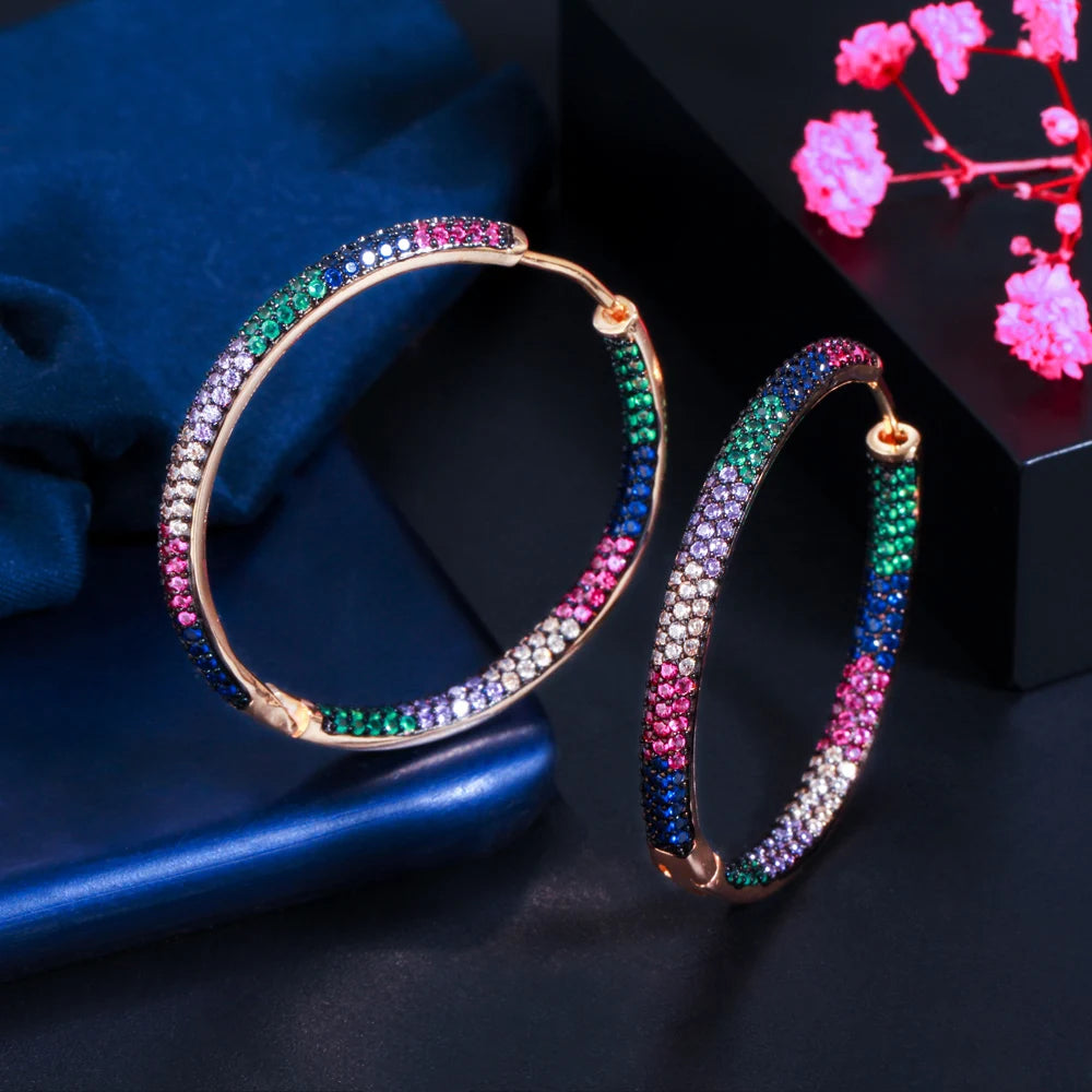 S&S Two-Tone Rainbow CZ Big Round Hoop Earrings – Black Gun & Gold Plated – Collection