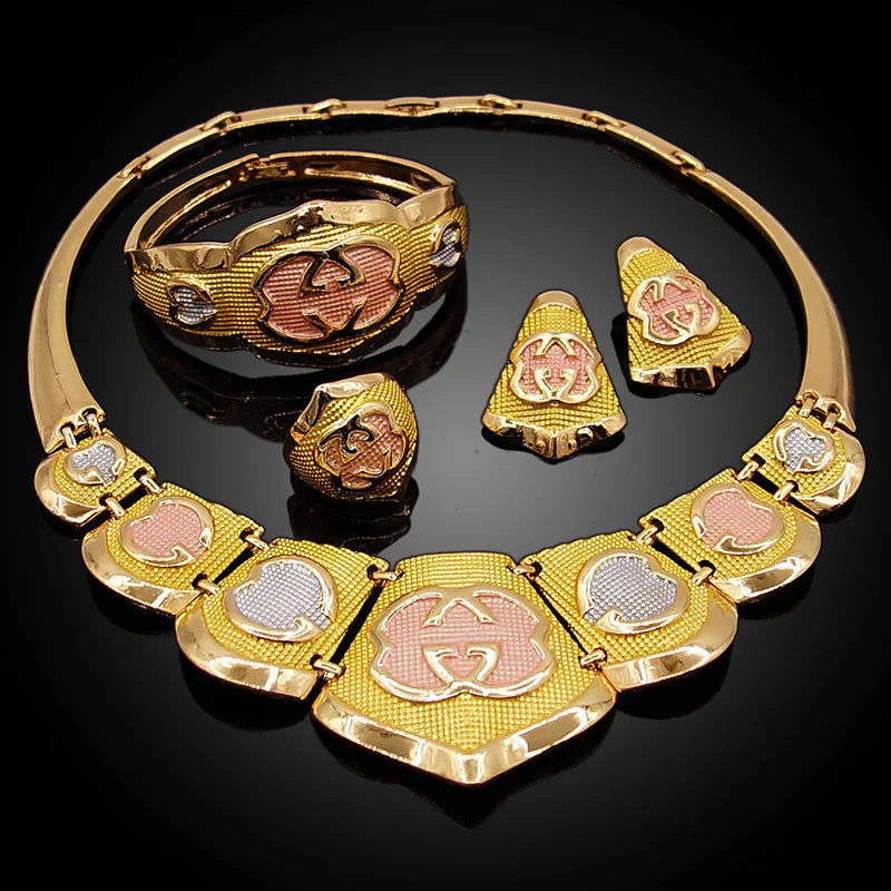 Zhuerrui Brazilian Gold Plated for Women Jewellery Set African Necklace Earring Bangle Ring Jewelry Sets 24k Gold Copper